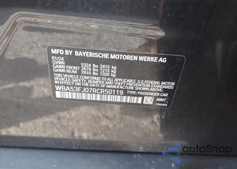 2024 BMW 530 I xDrive from USA, damaged, VIN WBA53FJ07RCR50119